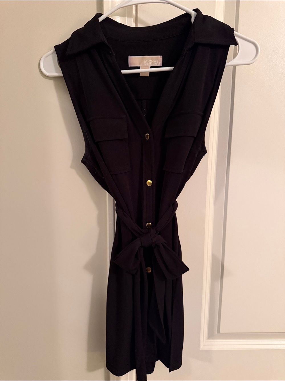 Michael Kors Black Sleeveless Shirt with Gold Buttons and Tie Waist